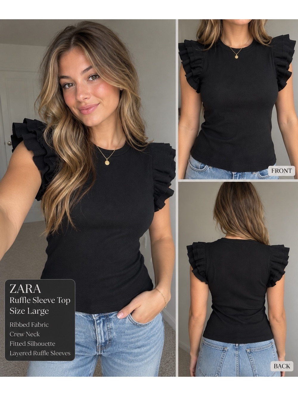 Zara Black Ribbed Ruffle Sleeve Top Size L Flutter Sleeve Fitted Shirt